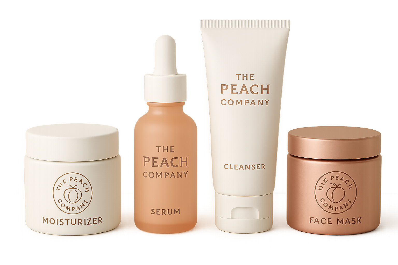 The Peach Company skincare product mockups showing logo applications